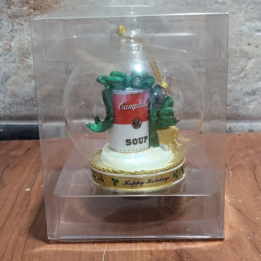 Campbells Soup Can Green Bow Clear Glass Ball Ornament Happy Holidays